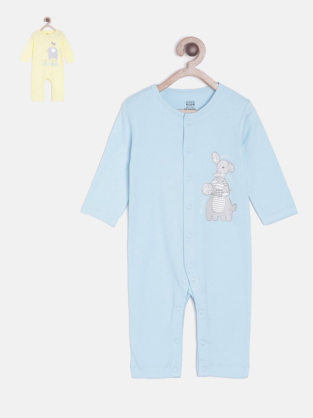 

MINI KLUB Infant Boys Pack Of 2 Printed Pure Cotton Rompers, Blue