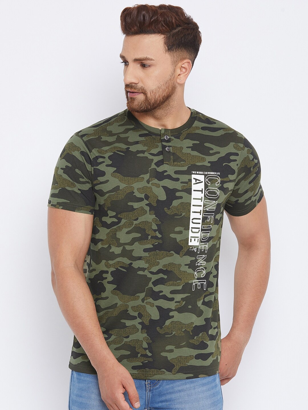 

98 Degree North Men Olive Green Camouflage Printed Henley Neck T-shirt