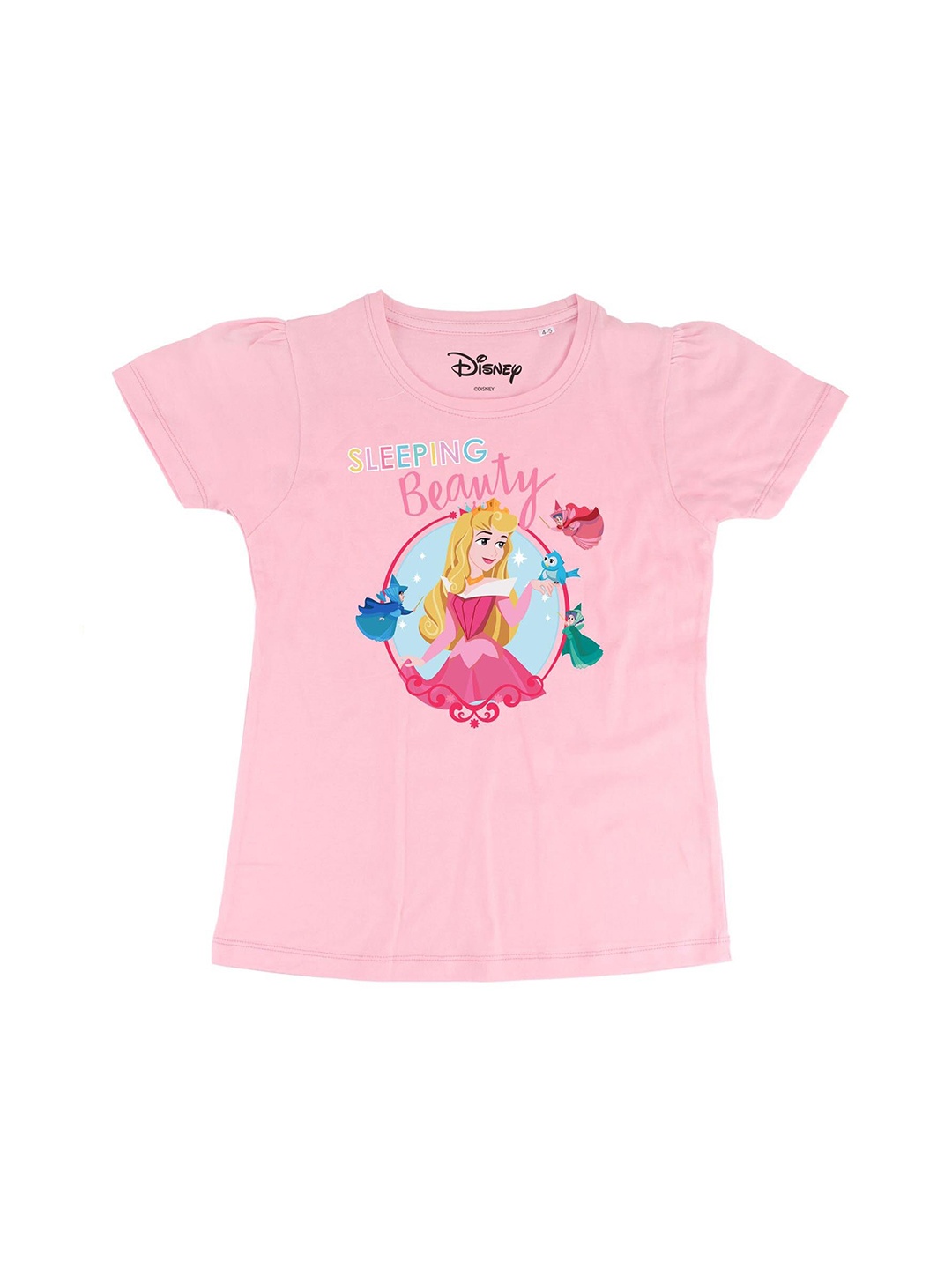 

Disney by Wear Your Mind Girls Pink Cinderella Printed Pure Cotton Puff Sleeve Top