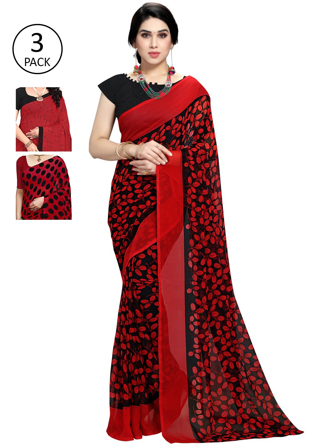 

KALINI Pack Of 3 Red & Black Saree
