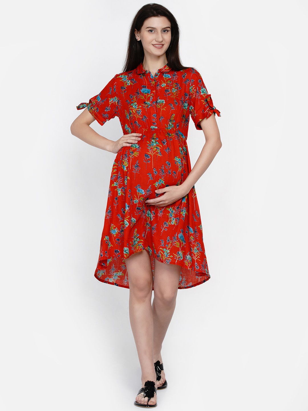 

Mine4Nine Women Red Floral Printed Maternity Fit & Flare Dress