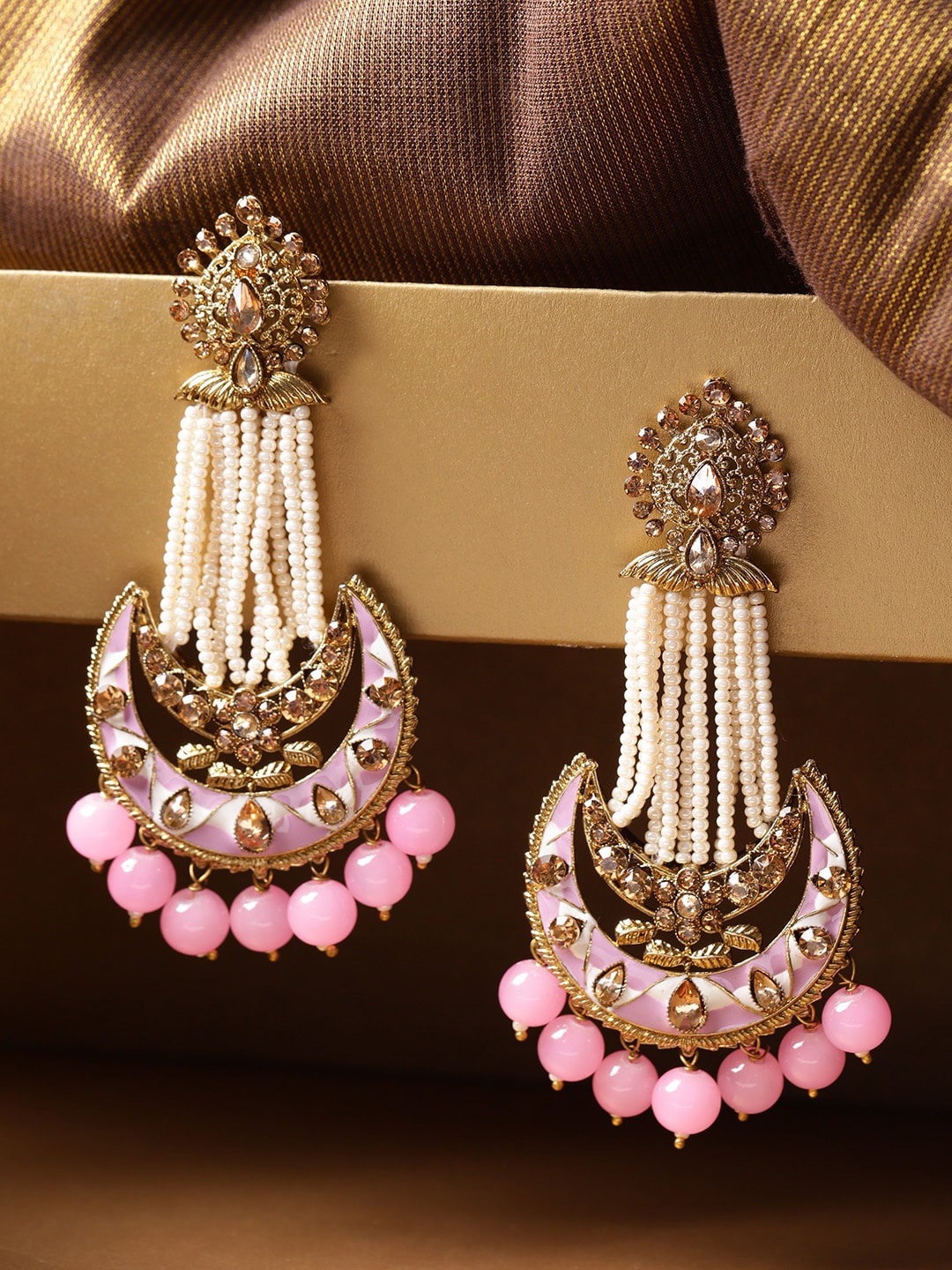 

Priyaasi Gold-Plated & Pink Artificial Stone Studded Contemporary Chandbalis Earrings