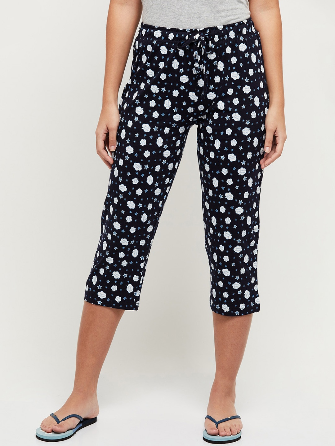 

max Women Navy Blue & White Printed Pure Cotton Lounge Capris