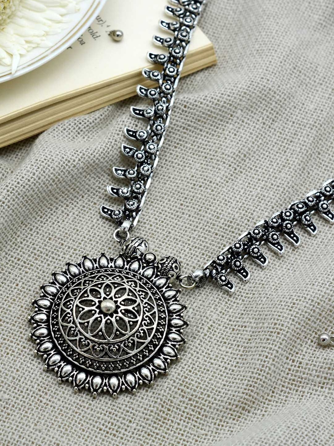 TEEJH Silver-Toned German Silver Silver-Plated Oxidised Necklace