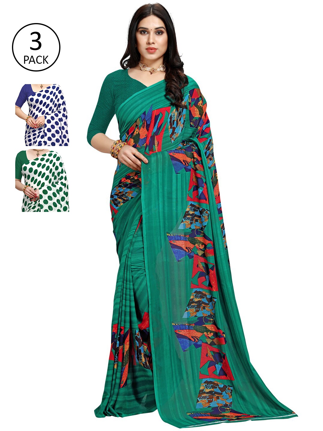 

KALINI Pack Of 3 Poly Georgette Printed Sarees, White