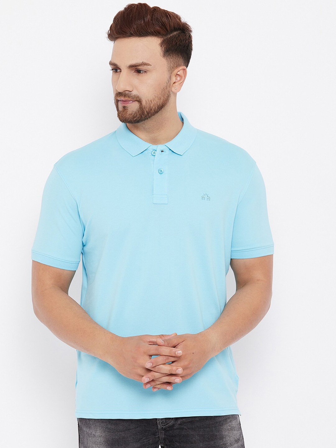 

98 Degree North Men Blue Polo Collar Applique T-shirt