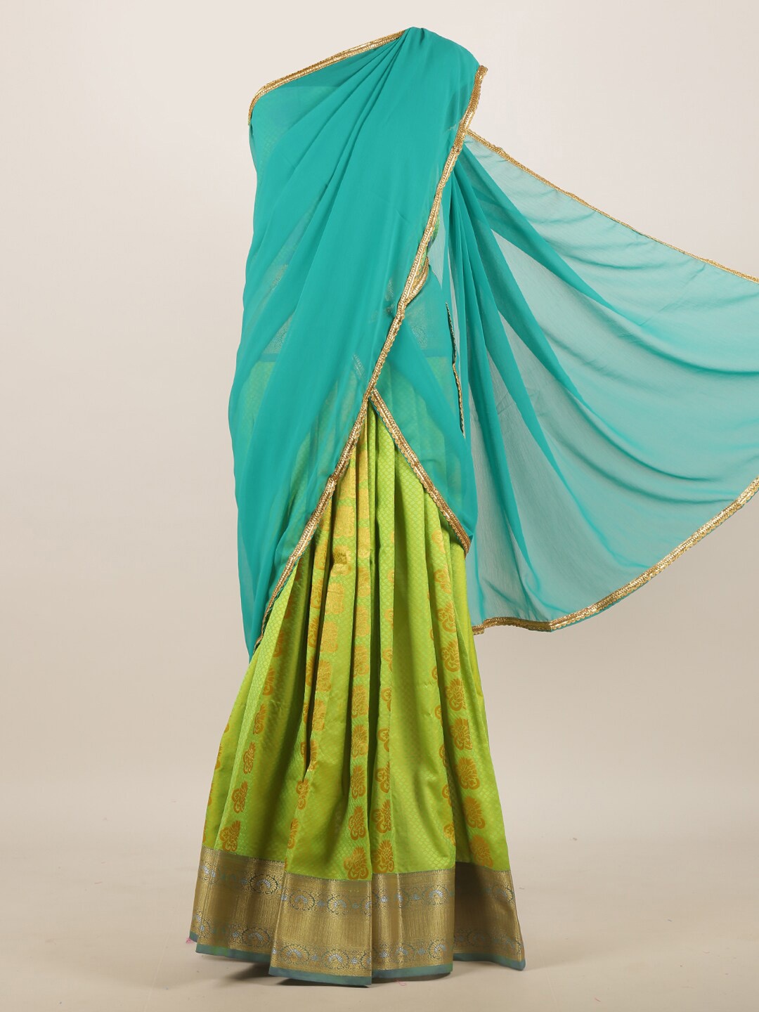 Pothys Blue & Green Woven Design Zari Half and Half Saree