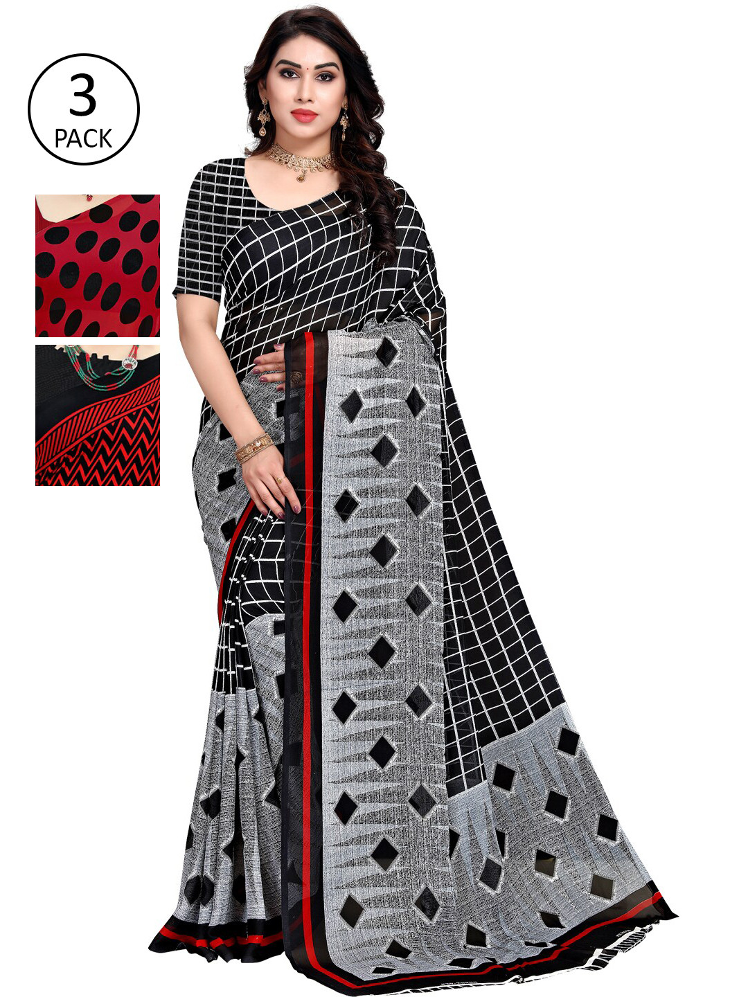 

KALINI Pack Of 3 Red & Grey Saree