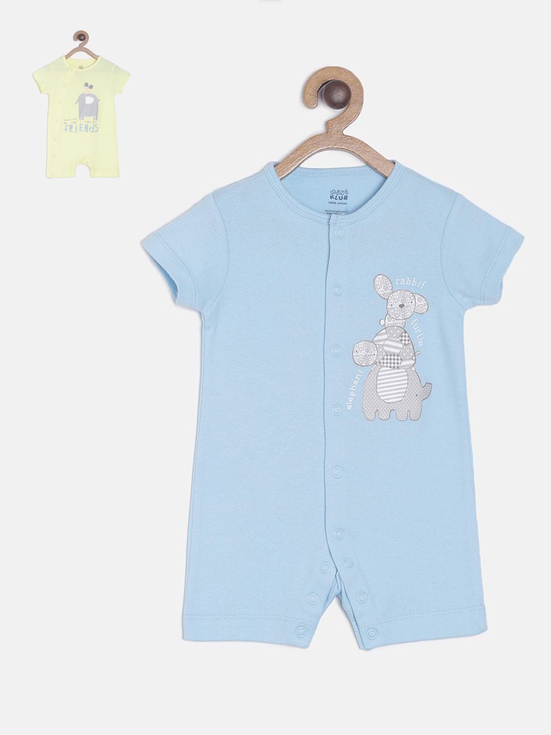 

MINI KLUB Infant Boys Blue & Yellow Pack Of 2 Printed Pure Cotton Rompers