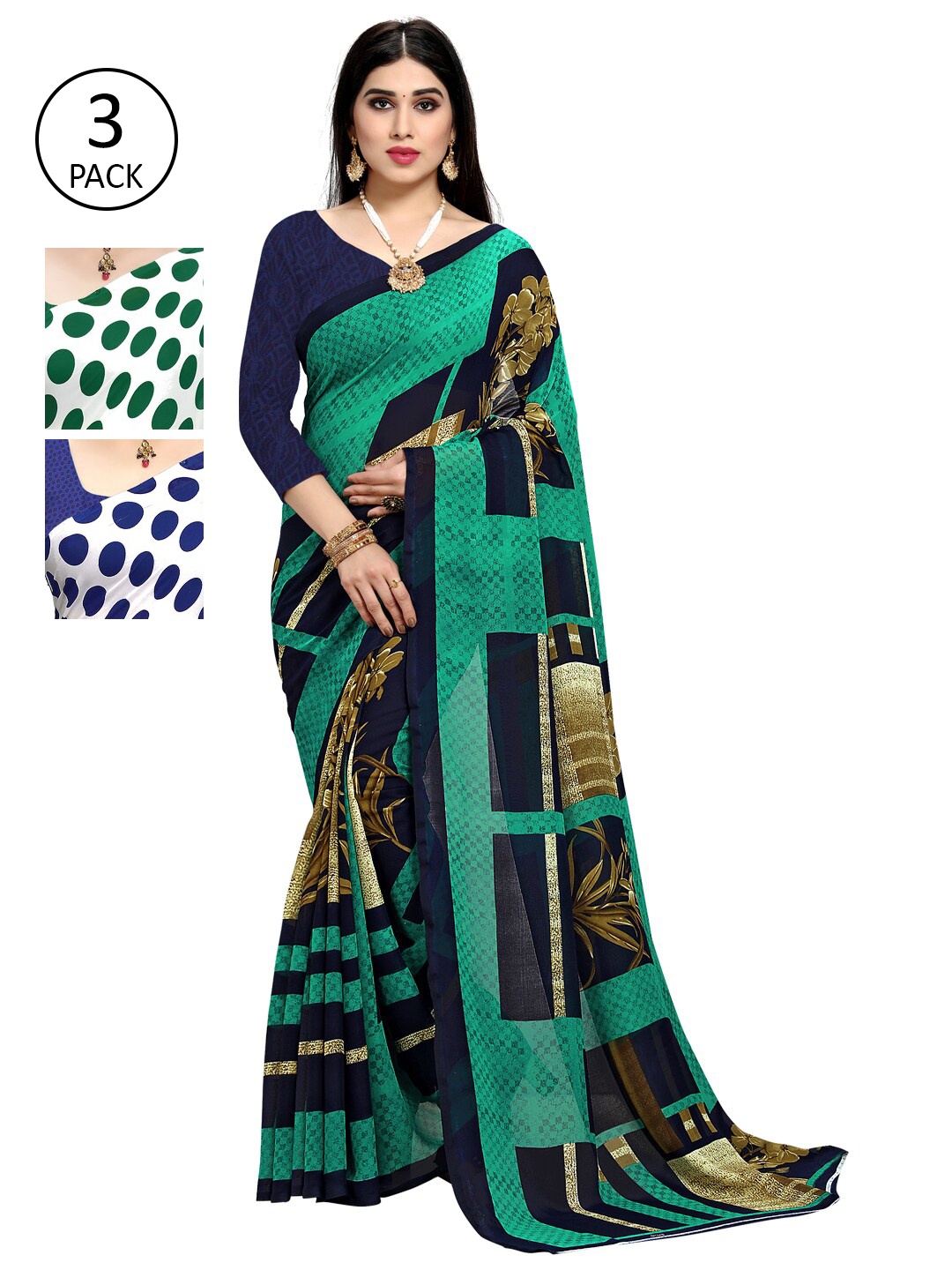 

KALINI Blue & White Pack of 3 Printed Sarees