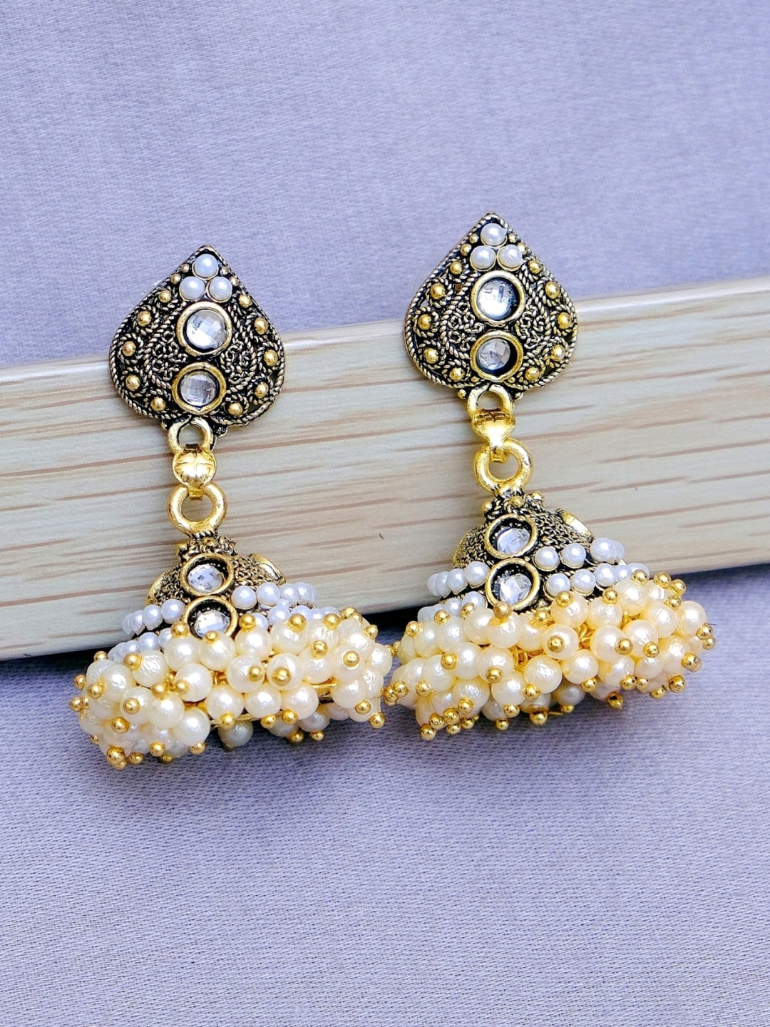 

Crunchy Fashion Gold-Plated & White Contemporary Jhumkas Earrings