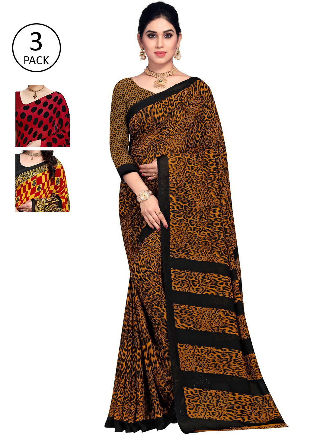 

KALINI Red & Black Pack of 3 Printed Sarees