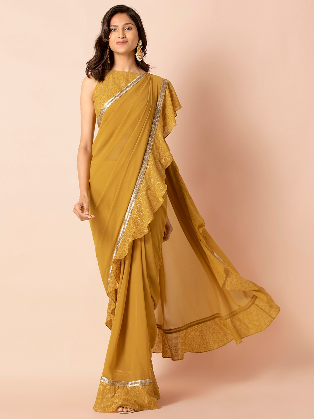 

INDYA Mustard Yellow Foil Ruffled Saree Skirt and Halter Top Set