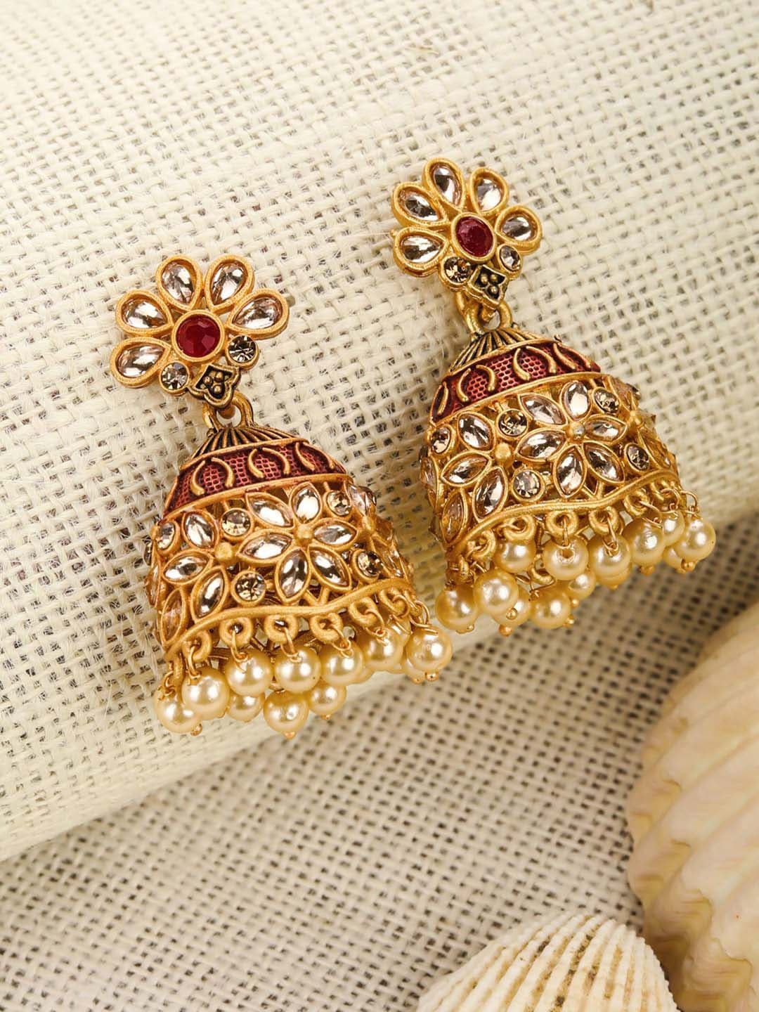

Priyaasi Red & Gold-Toned Contemporary Jhumkas Earrings
