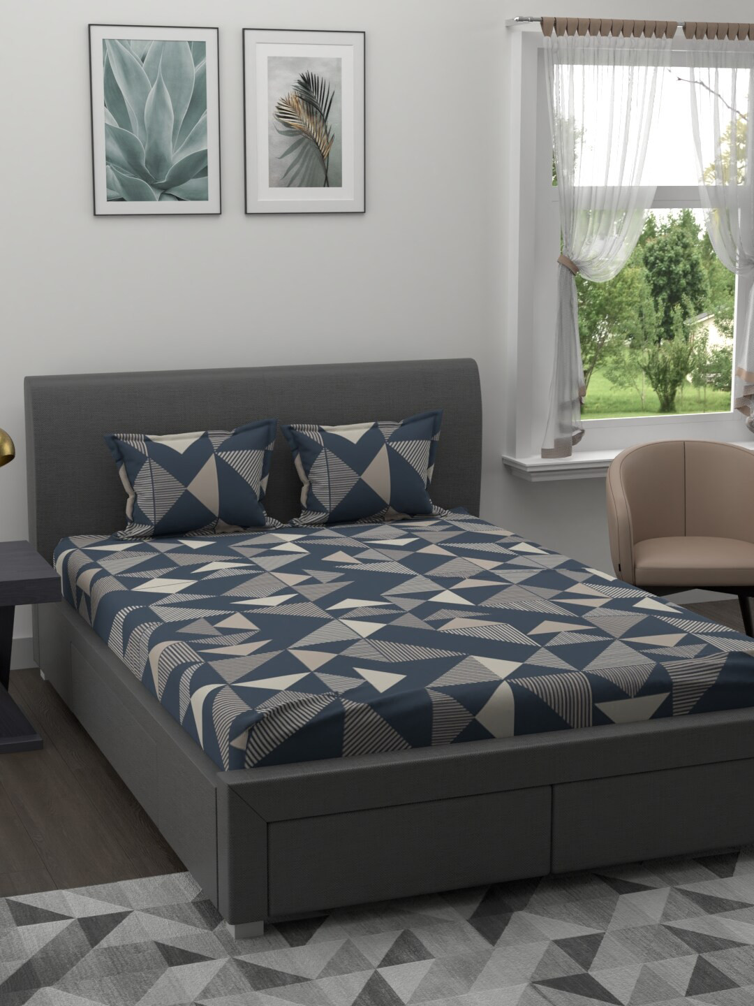 

BLUE DAHLIA Grey & White Geometric 210 TC King Bedsheet with 2 Pillow Covers