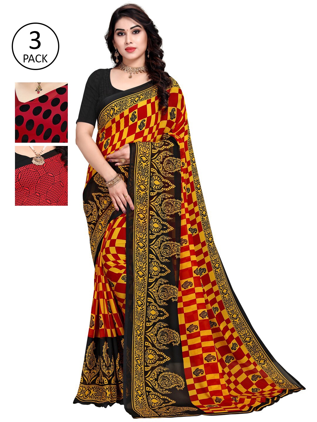 

KALINI Pack Of 3 Yellow & Red Saree