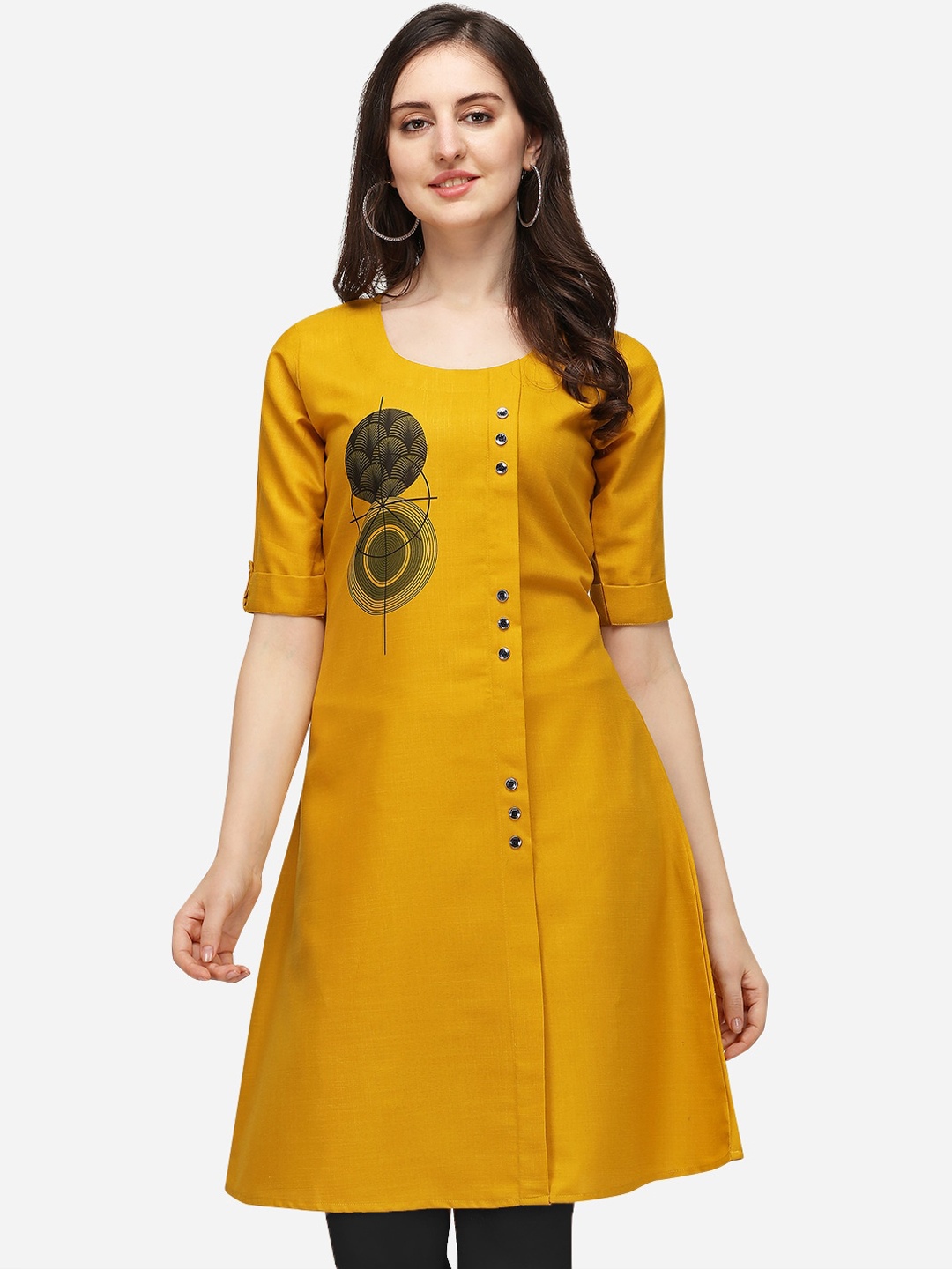 

OM SAI LATEST CREATION Women Yellow & Black Printed A Line Kurta