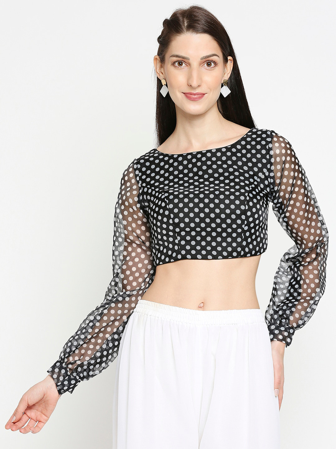 

SALWAR STUDIO Women Black & Grey Polka Dot Printed Readymade Saree Blouse