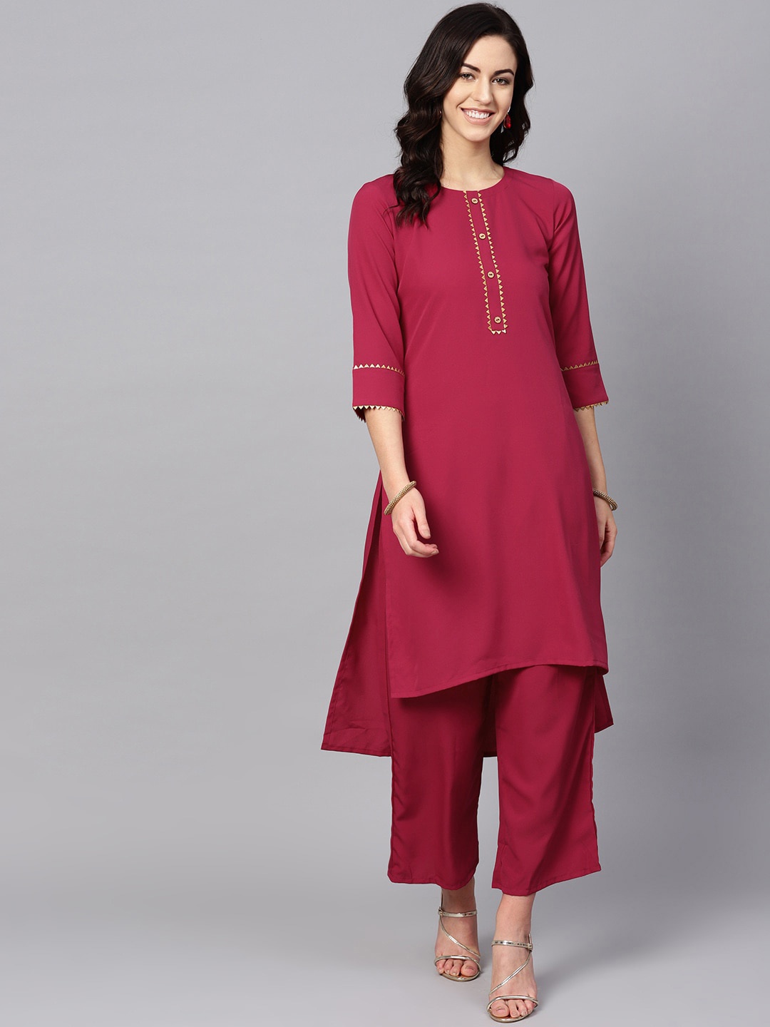 

ZIYAA Women Pink Keyhole Neck Flared Sleeves Thread Work Crepe Kurta