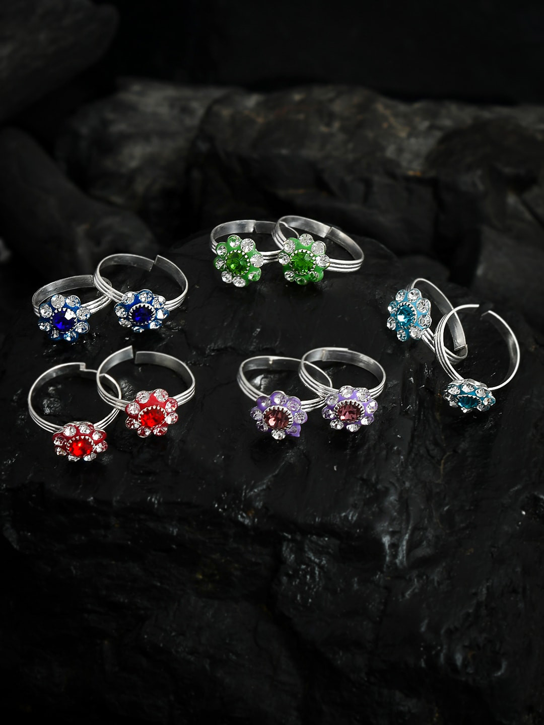 

Silvermerc Designs Set Of 5 Silver-Plated Silver-Toned Flower Meenakari Finger Ring, Multi