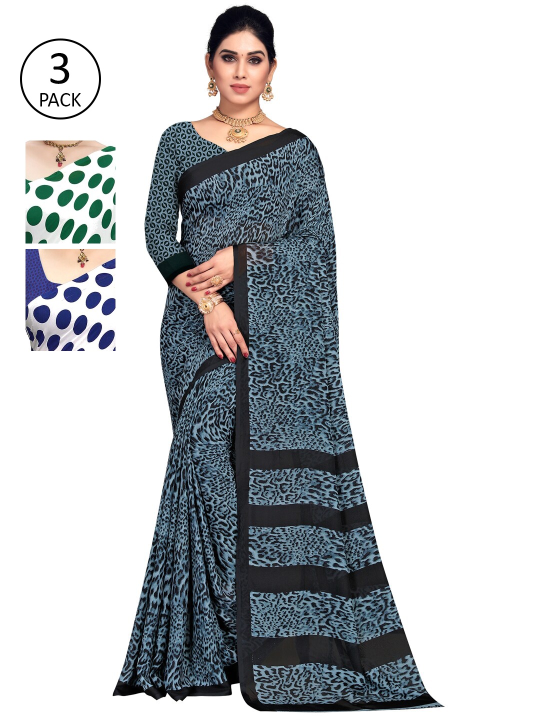 

KALINI Pack Of 3 Blue & Green Saree