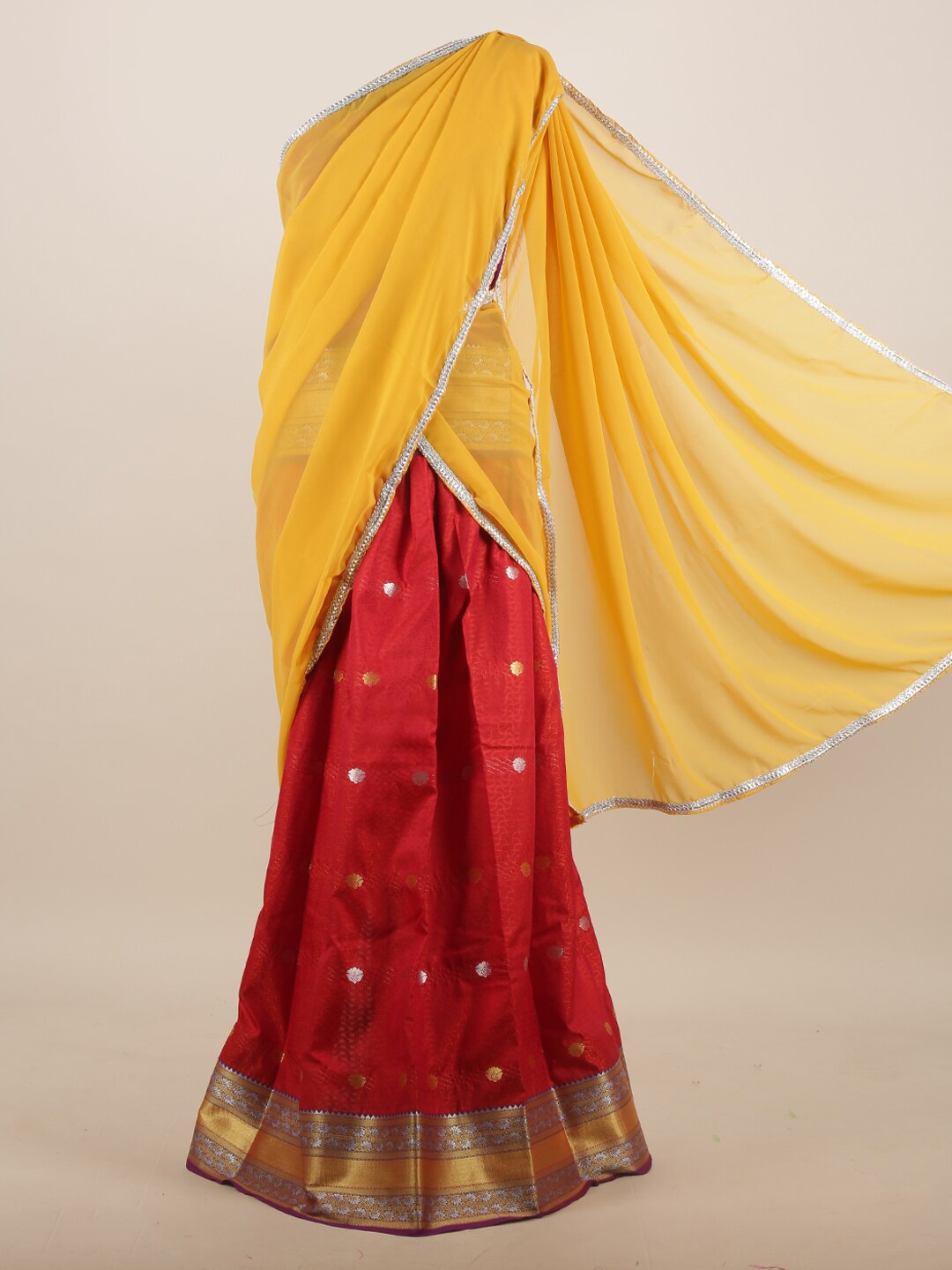

Pothys Yellow & Red Woven Design Half and Half Saree