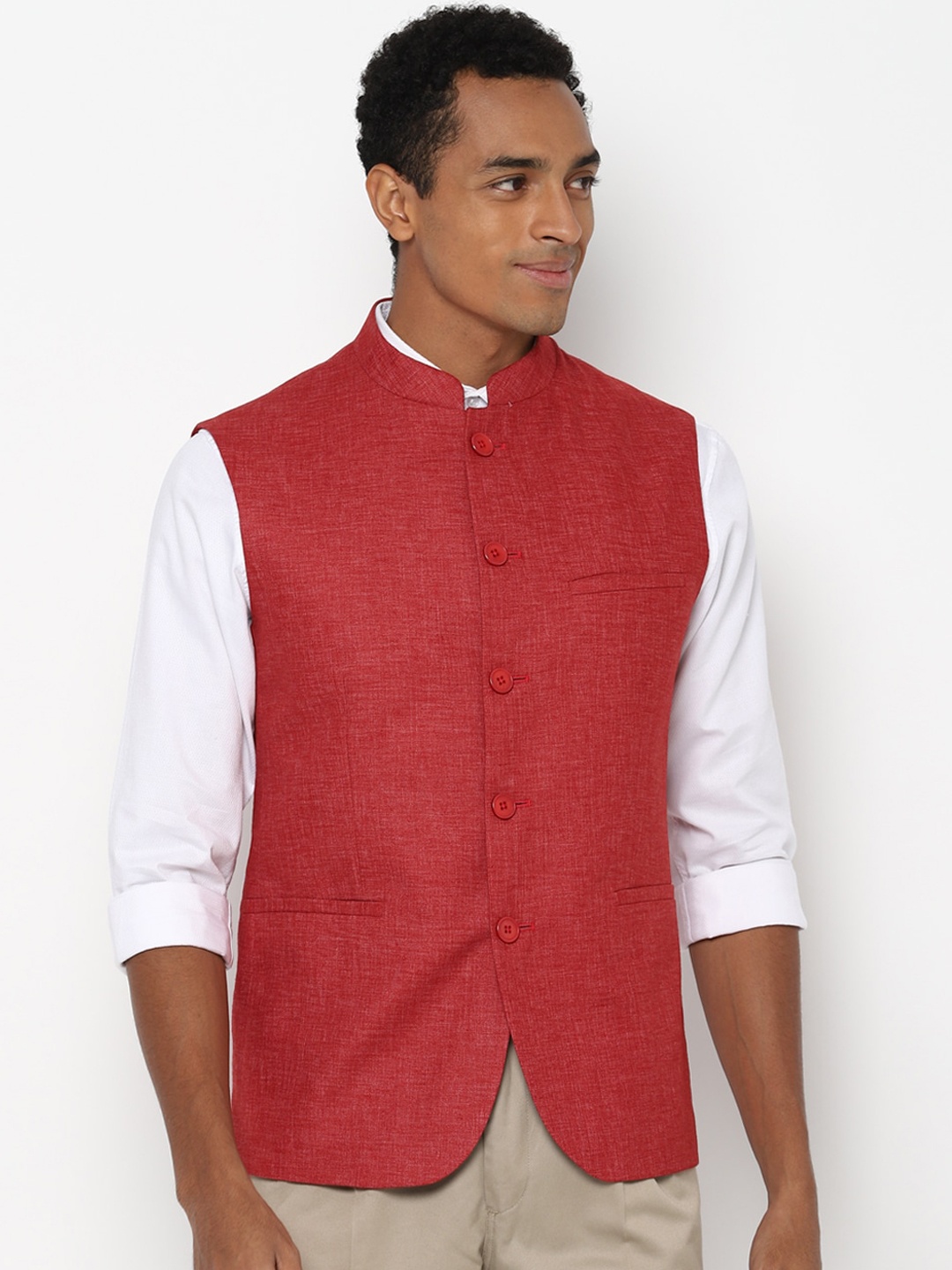

Allen Solly Men Maroon Woven Design Slim-Fit Nehru Jacket