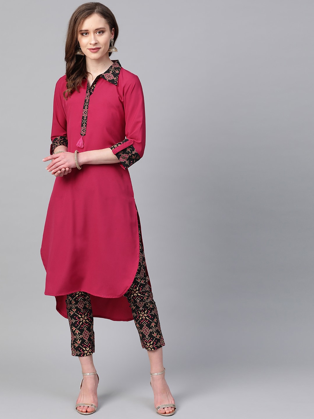 

ZIYAA Women Pink & Black Geometric Yoke Design Thread Work Crepe Pathani Kurta