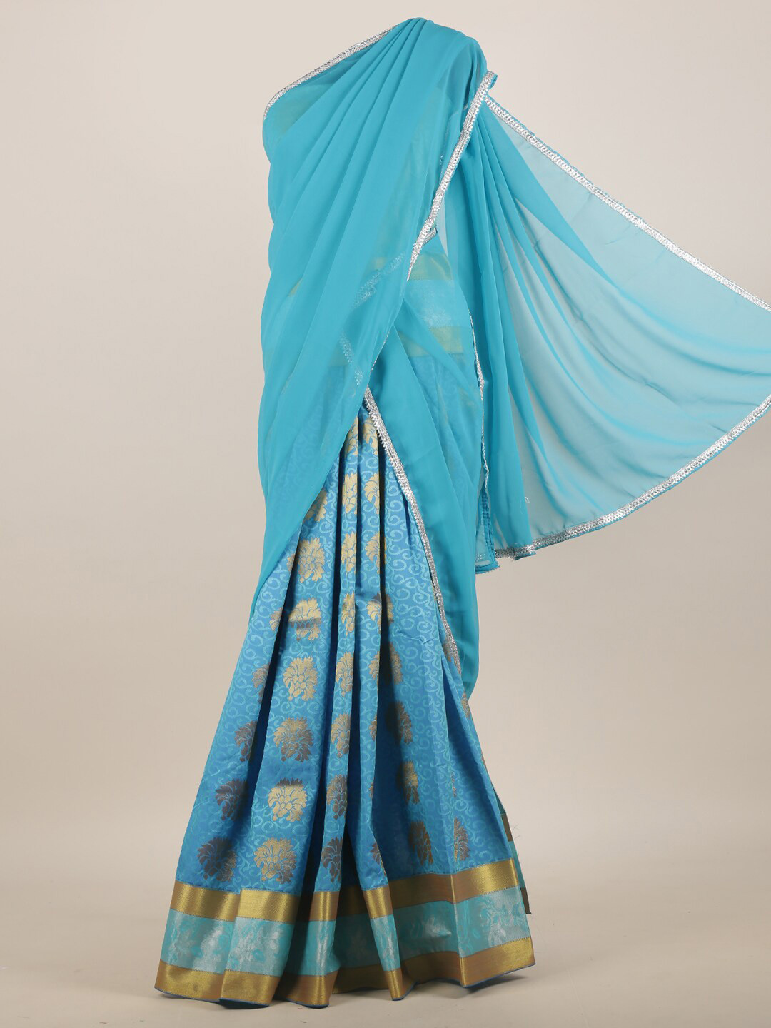 

Pothys Blue & Gold-Toned Floral Woven Design Half Saree