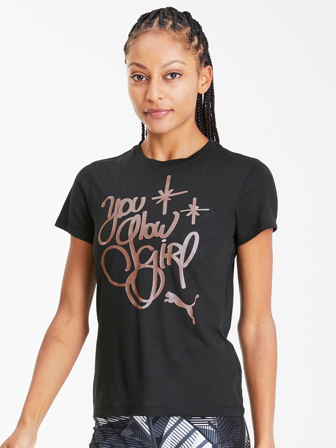 

Puma Women Black Typography Printed Q1A Prt T-shirt