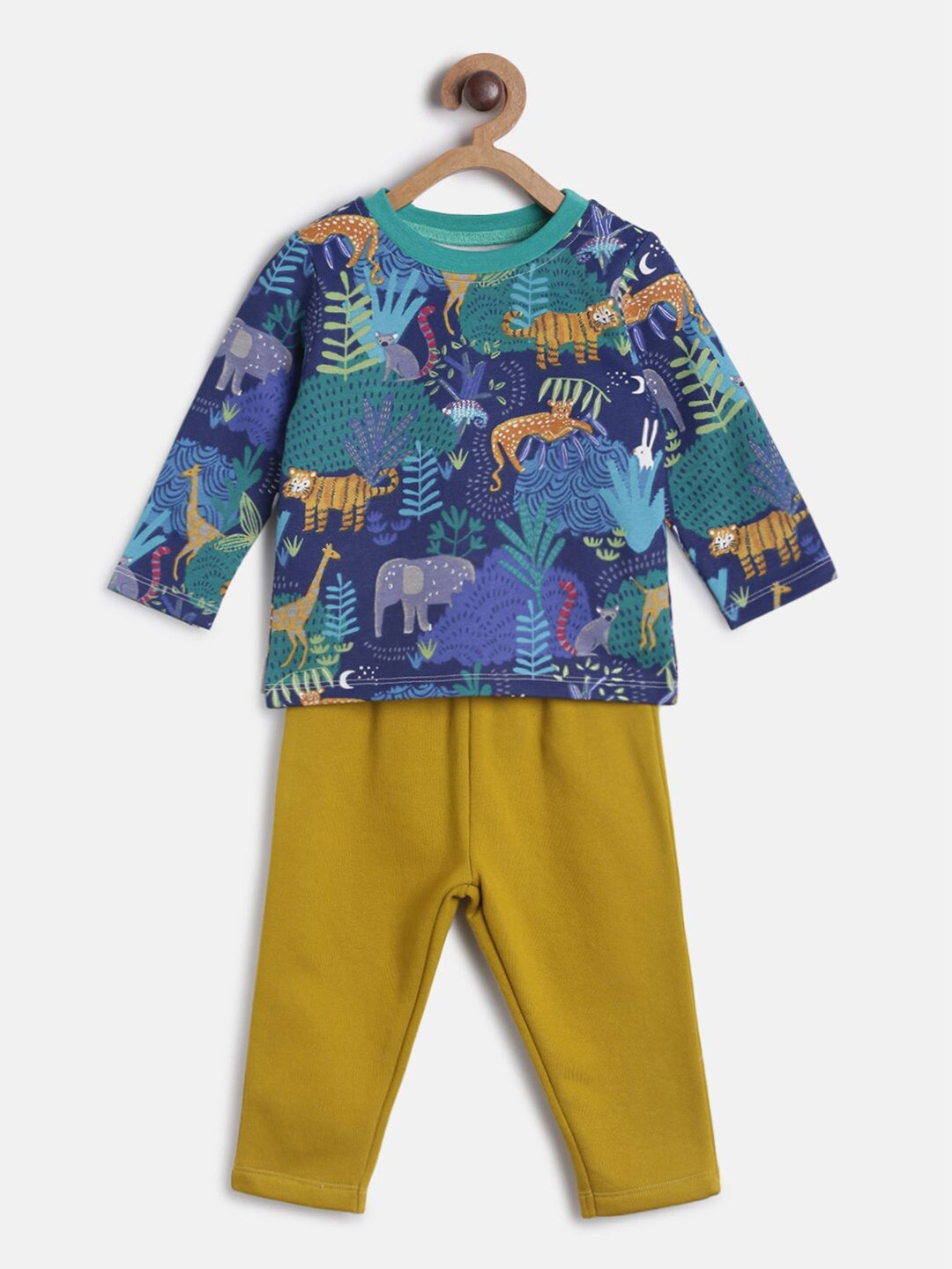

MINI KLUB Boys Navy Blue & Mustard Yellow Printed Pure Cotton T-shirt with Pyjamas