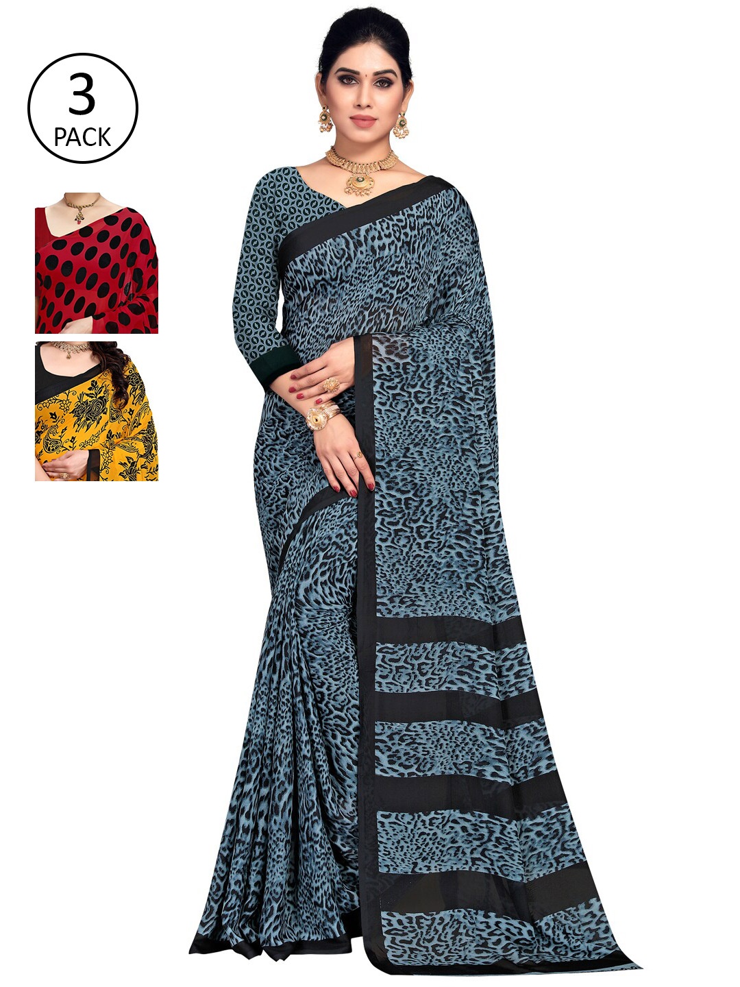 

KALINI Pack Of 3 Yellow & Blue Saree