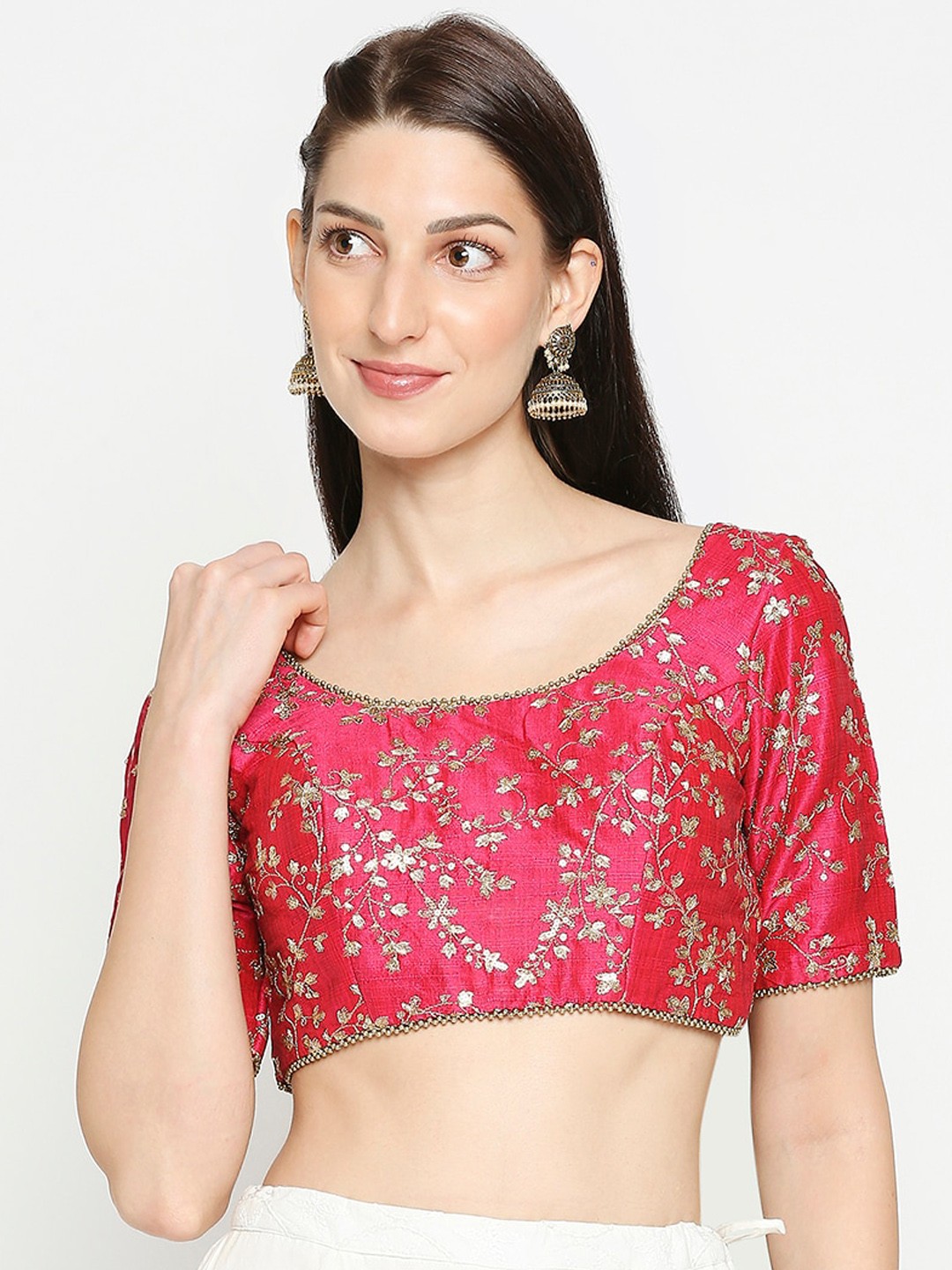 

SALWAR STUDIO Women Pink Embroidered Readymade Mulberry Silk Saree Blouse