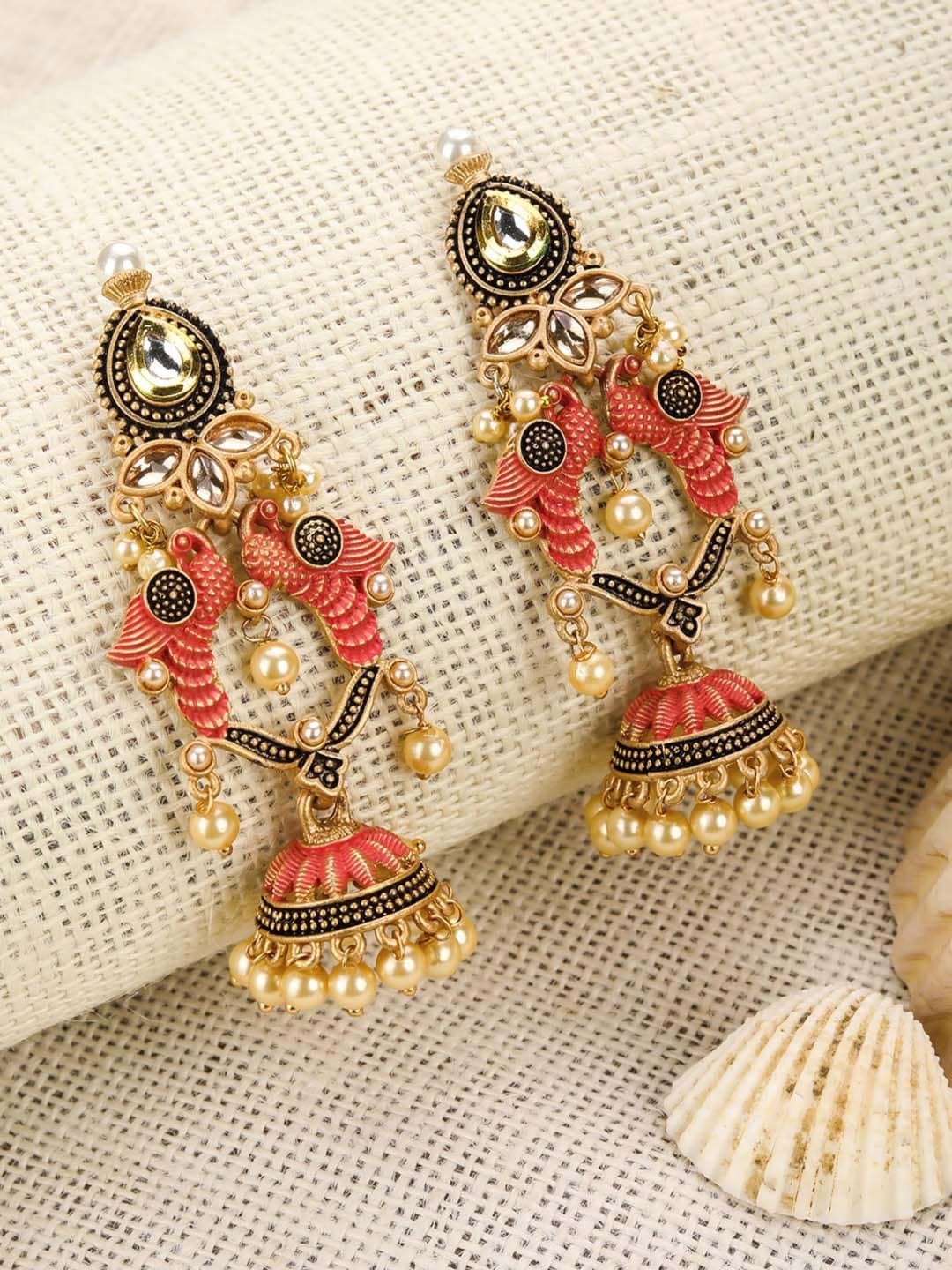 

Priyaasi Pink & Gold-Toned Peacock Shaped Jhumkas Earrings