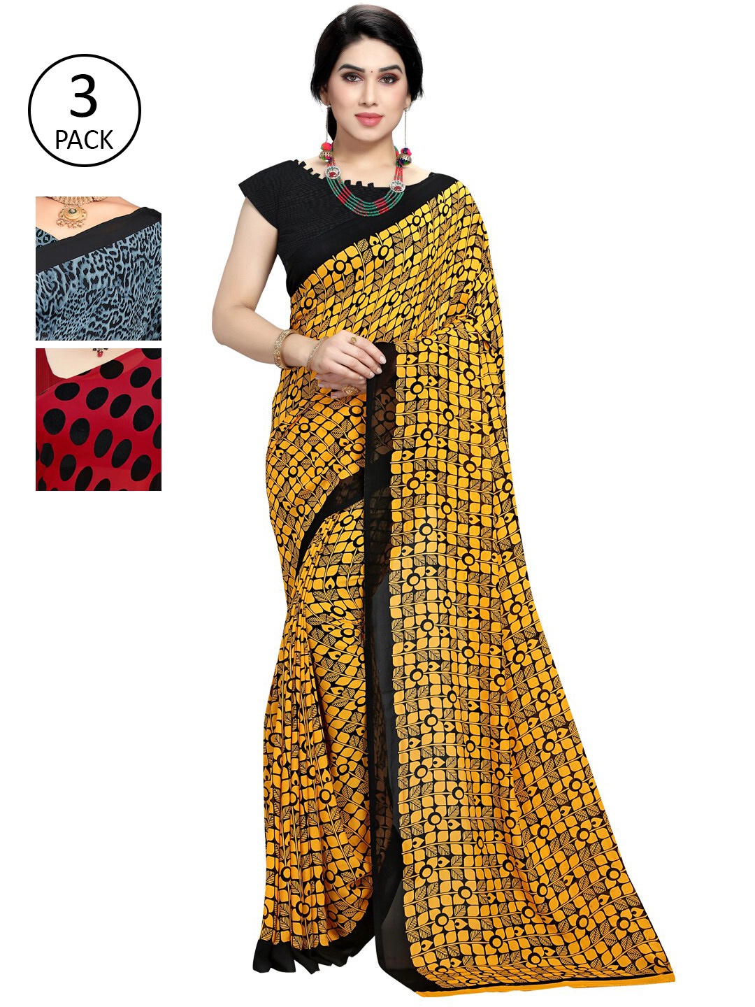

KALINI Yellow & Maroon Pack of 3 Printed Sarees