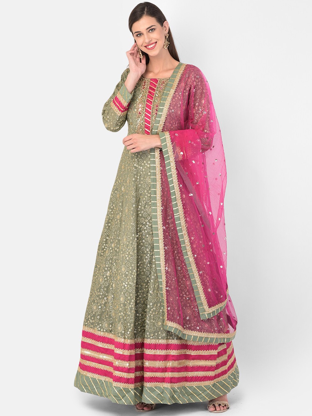 

Neerus Green & Pink Floral Georgette Ethnic Maxi Dress With Dupatta