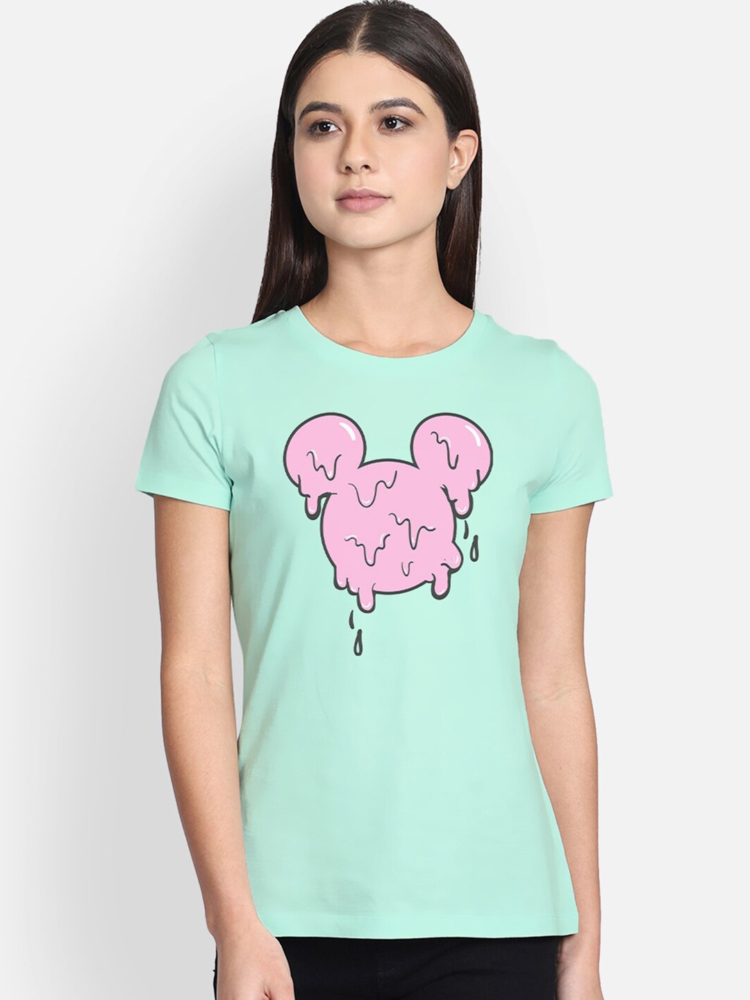 

Free Authority Women Green Pink Mickey Mouse Printed Pure Cotton T-shirt