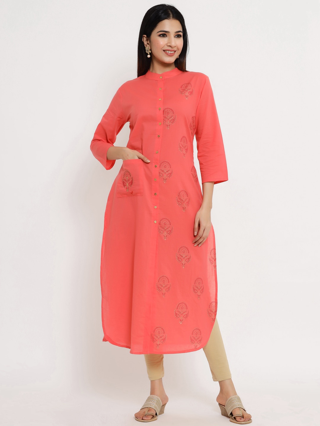 

Sangria Women Pink & Gold Coloured Ethnic Motifs Foil Printed Kurta