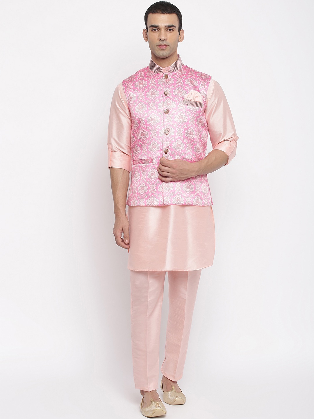 

Aj DEZInES Men Pink Layered Raw Silk Kurta with Pyjamas