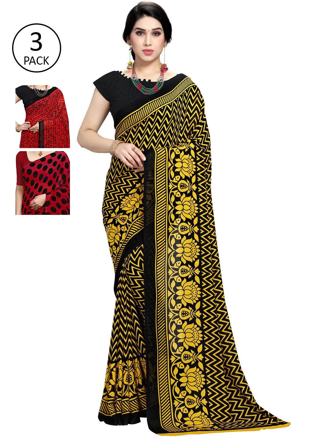 

KALINI Pack Of 3 Poly Georgette Printed Sarees, Yellow