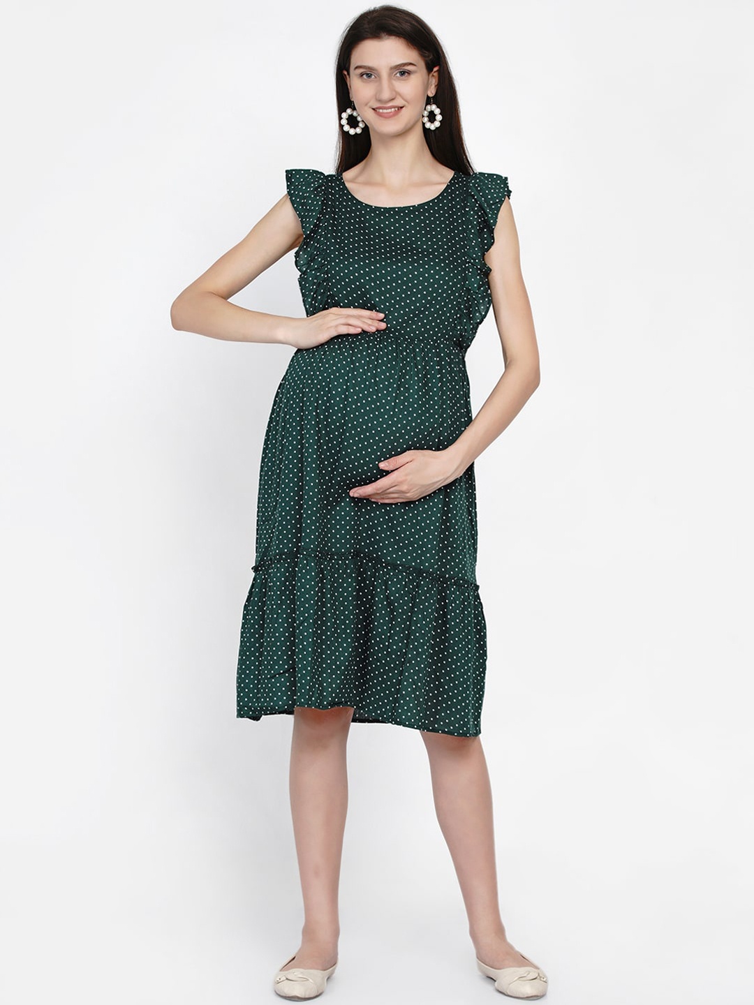 

Mine4Nine Women Green Printed Maternity Dress