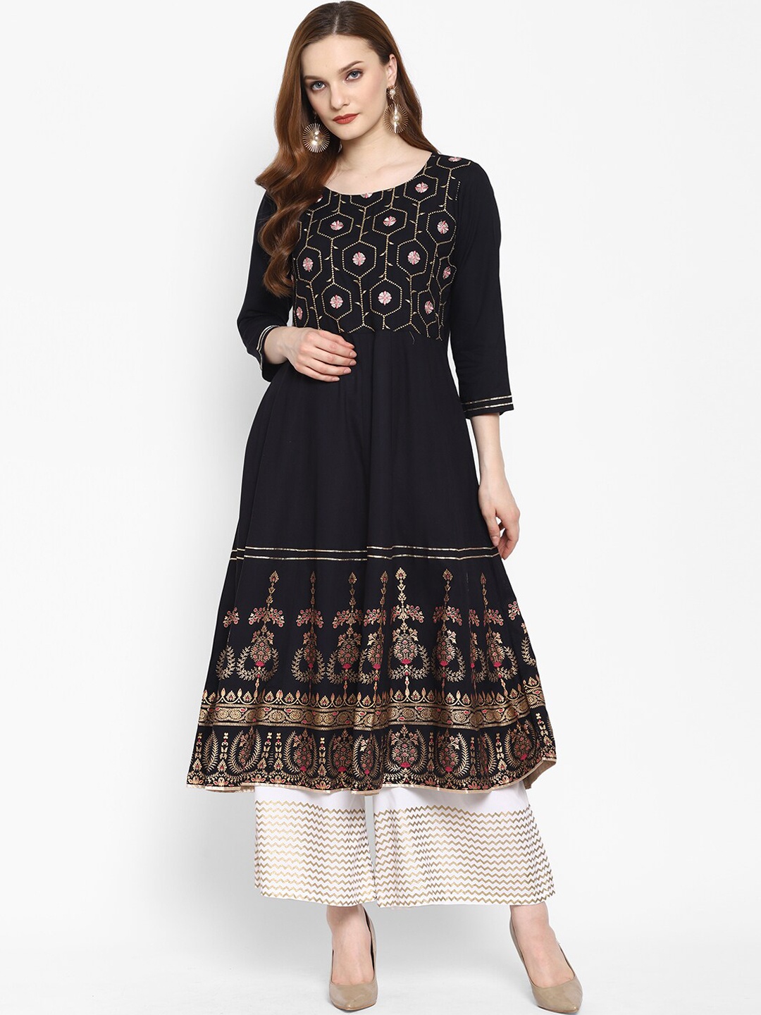 

Ramas Women Black Ethnic Motifs Printed Thread Work Anarkali Kurta