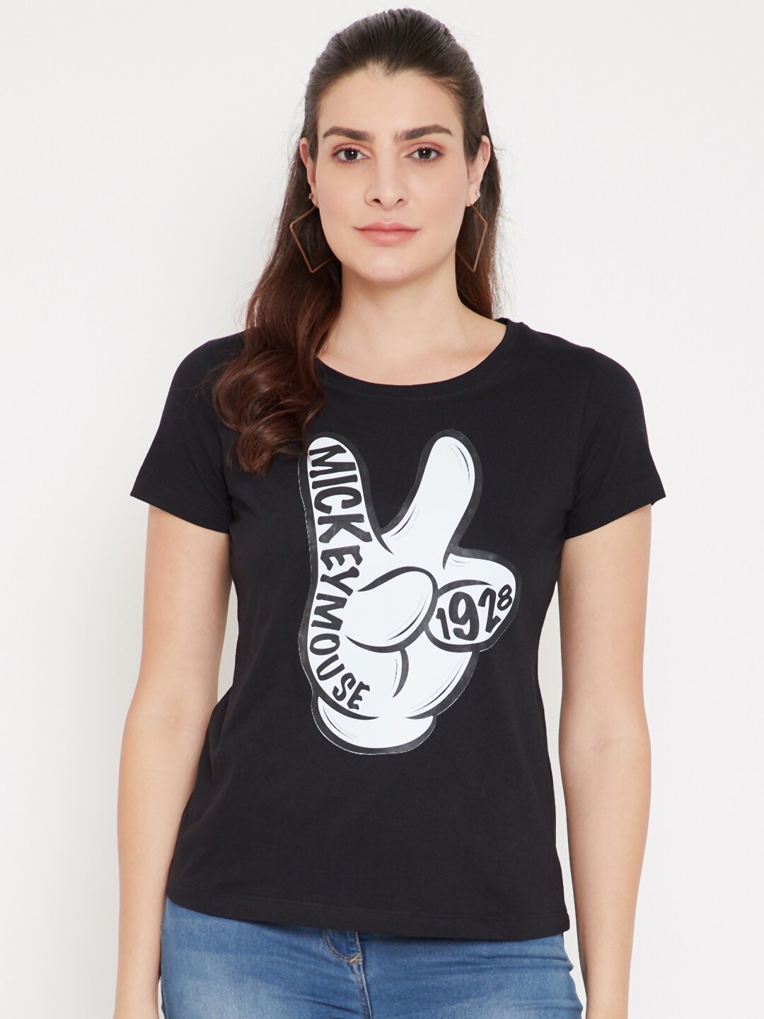 Disney by Wear Your Mind Women Black & White Mickey Mouse Printed T-shirt