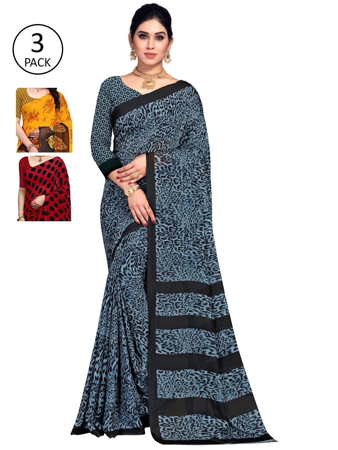 

KALINI Pack Of 3 Poly Georgette Printed Sarees, Red