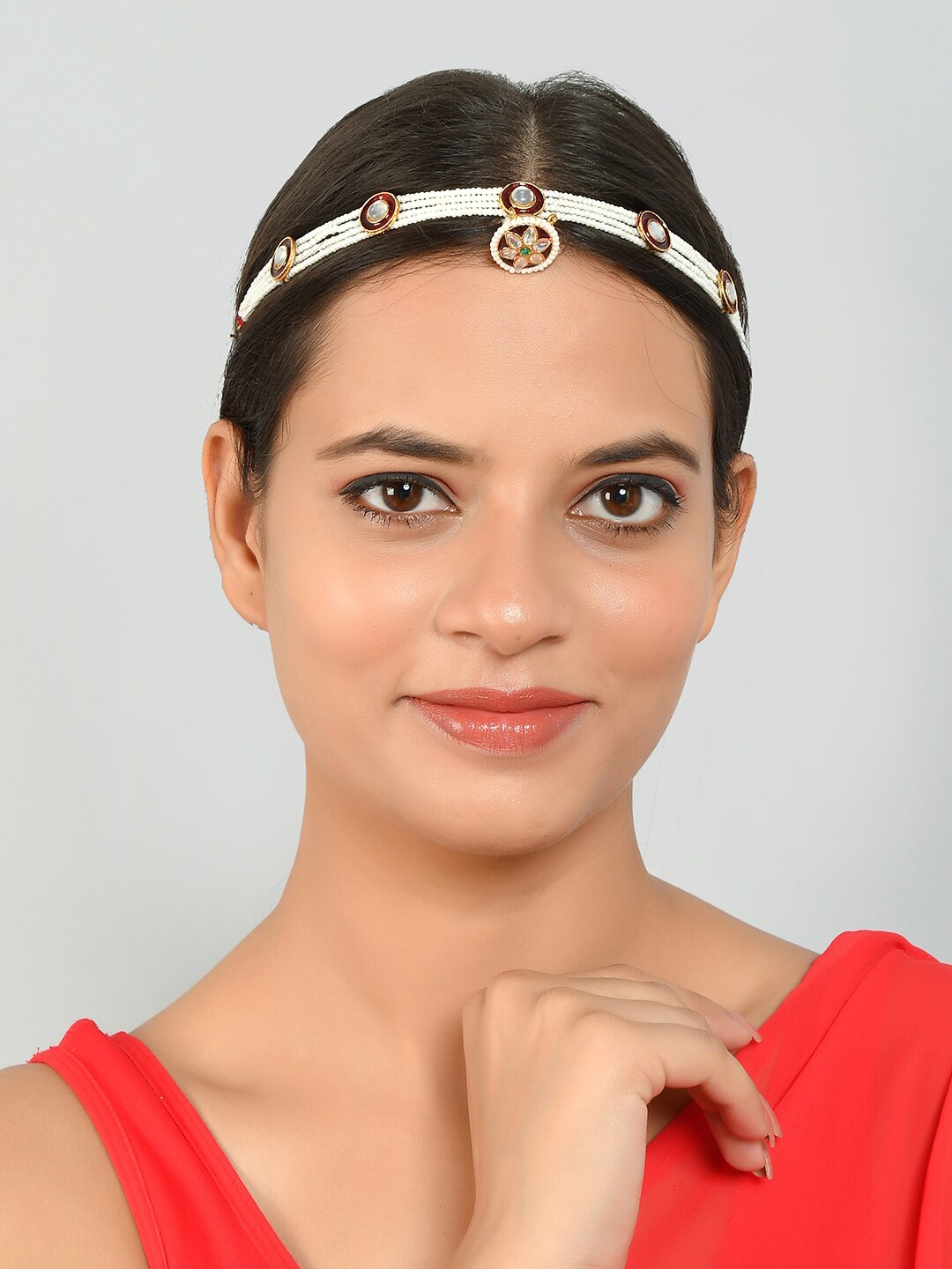 Silvermerc Designs Gold-Plated White Pearl Kundan-Studded Meenakari Mathapatti