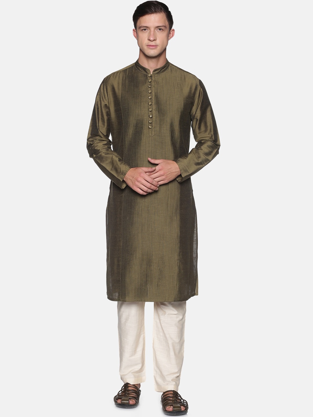 

Saffron Threads Men Olive Green Kurta