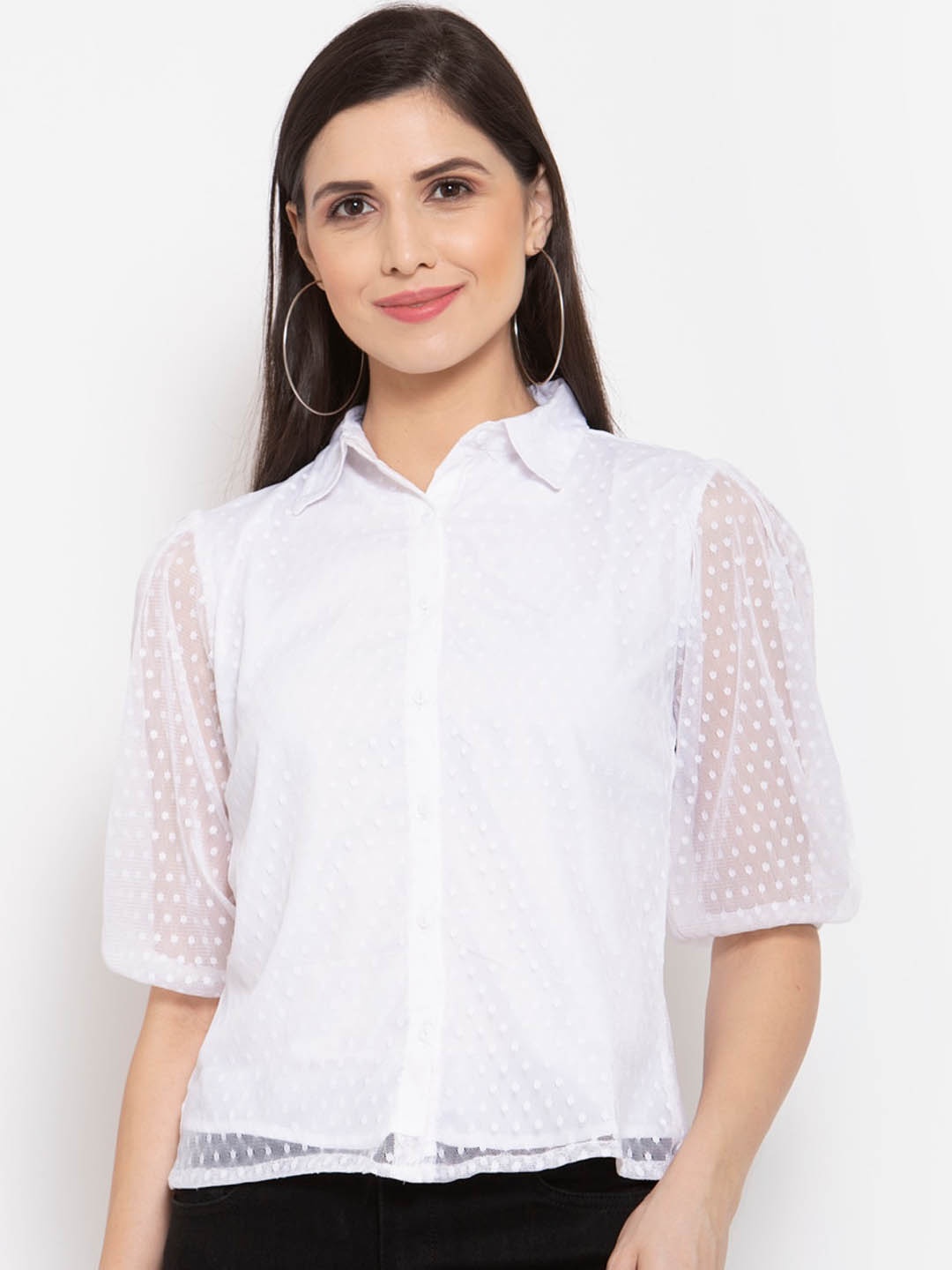 Style Quotient Women White Standard Sheer Polka Dots Self Design Casual Shirt