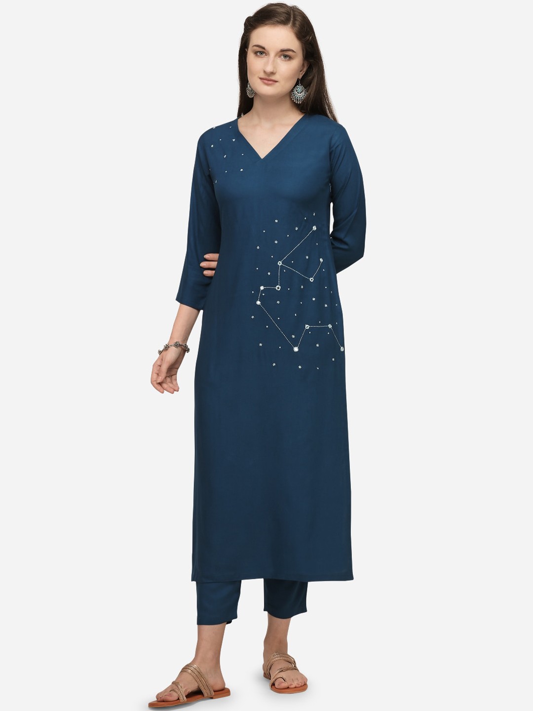 

RAISIN Women Navy Blue Embroidered Thread Work Kurta with Trousers