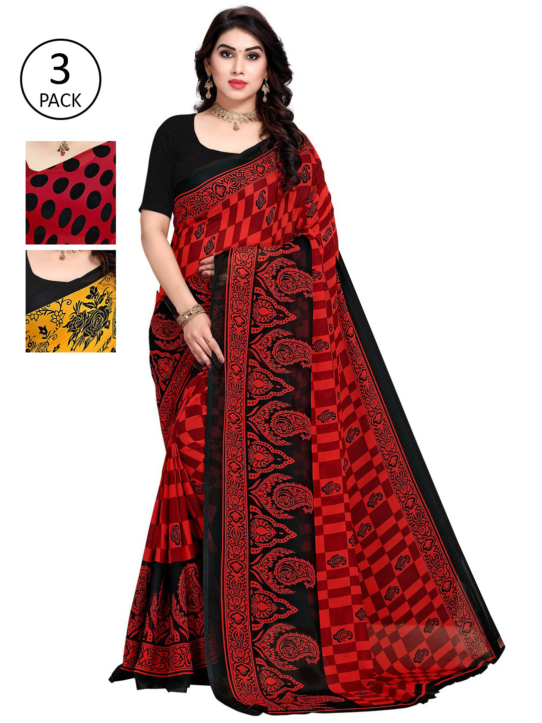 

KALINI Pack Of 3 Red & Black Saree