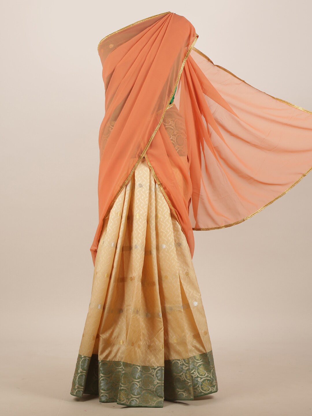 

Pothys Peach & Sea Green Woven Design Half Saree